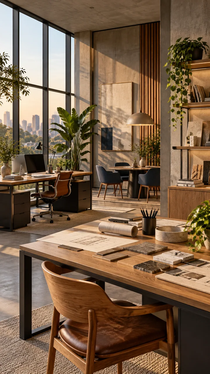 Escritório contemporâneo de arquitetura iluminado pela luz natural do fim da tarde