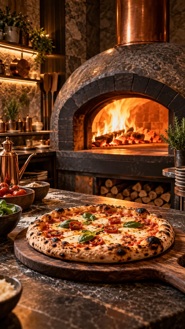 Pizza artesanal diante de um forno a lenha em uma cozinha de atmosfera acolhedora